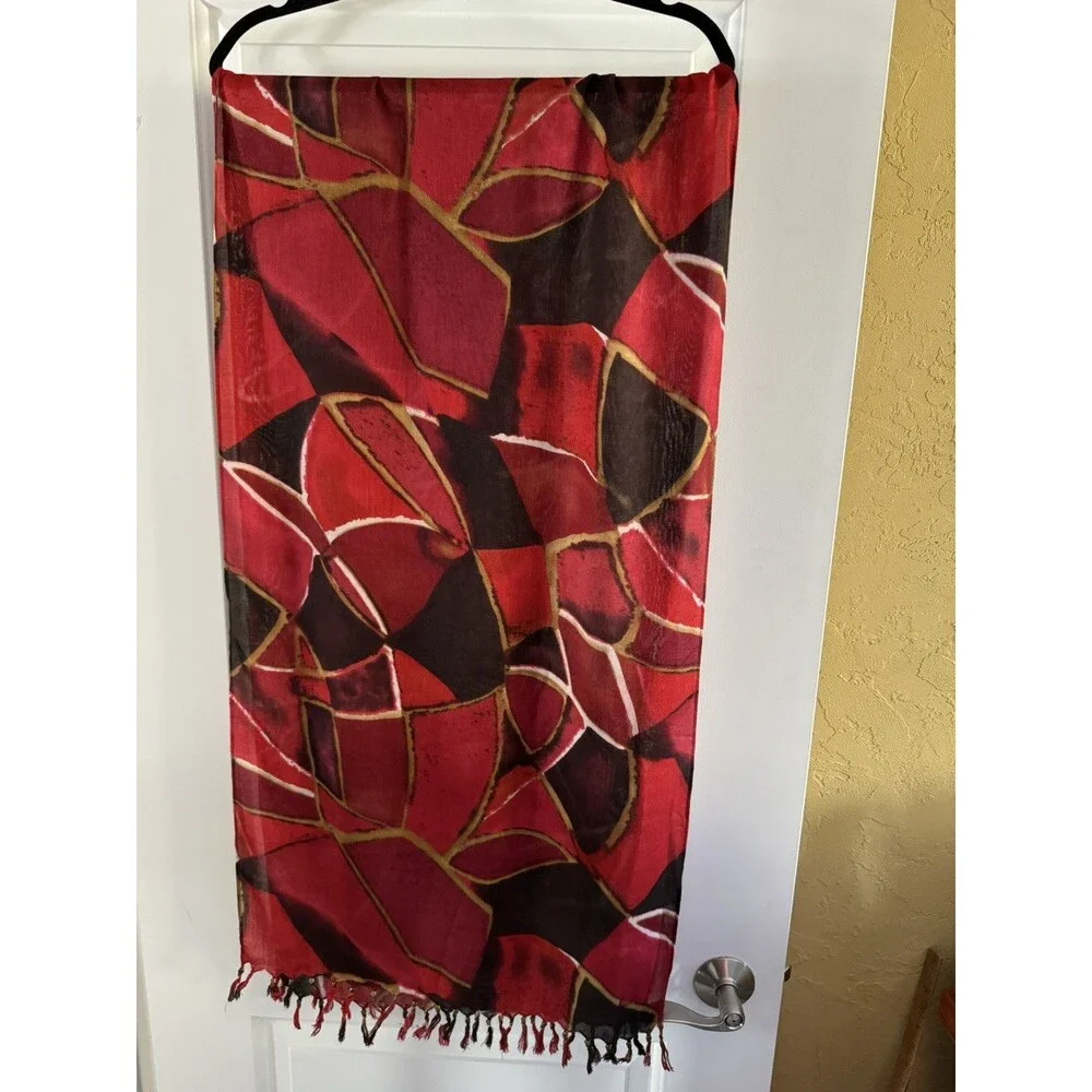 Pashmina Scarf Shawl Wrap With Beaded Fringe 72 Inches Long Red Black Gold‎